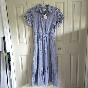 J.Crew Amelia Max Shirt Dress Blue White Striped Ruffle Tie Waist Dress